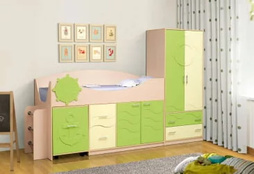 Набор модульной мебели для детской комнаты Юниор -12.1 МДФ матовый Дуб молочный/Светло-зеленый/Ваниль