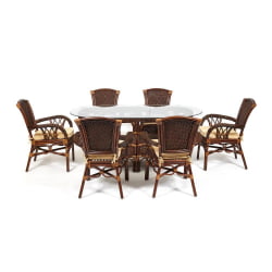 Комплект обеденный ANDREA GRAND (стол со стеклом+6 кресел+ подушки) Pecan Washed (античн. орех), Ткань рубчик, цвет кремовый