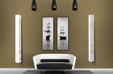 Распашной шкаф в гостиную в белом глянцевом стекле Иглу Шелф Беленый дуб