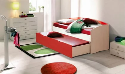 Кровать детская выдвижная Дуб молочный/Синий/Желтый матовый