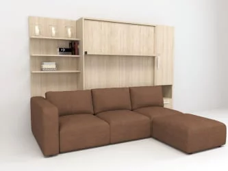 Шкаф-диван-кровать Смарт 1 правый с полкой и пуфом 1600 Белая шагрень