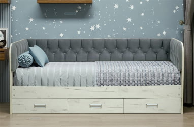 Кровать с продольной мягкой спинкой Софа №14.1 (900х2000) Дуб Крафт золотой Велюр 017