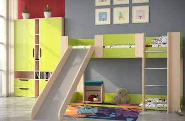 Кровать-чердак №6 с горкой и игровой зоной Дуб молочный/Серый