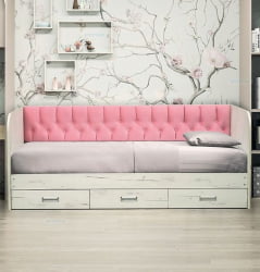 Кровать с продольной мягкой спинкой Софа №14 (900х2000) Дуб Крафт белый Велюр 336