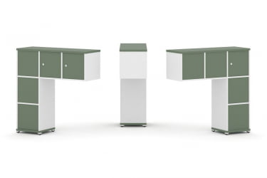 Надставка на стол низкая двухсторонняя + задняя стенка (5 шт.) + блок с 1-м ящиком (2 шт.) + распашной фасад (3 шт.) CONCEPT CN.DNN-006 Кобо Белый бриллиант Белый металл