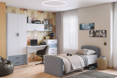 Кровать детская Стич с мягкими спинками, ясень анкор светлый/велюр NEO 25