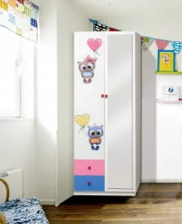 Шкаф 2-х дверный с ящиками, зеркалом и фотопечатью Совята 2.2 Белый/Ярко-розовый/Синий