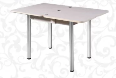 Стол поворотно-раскладной 1,2 Ника с ящиком СТЕКЛО, опоры D50 круглые ХРОМ, Беленый дуб/R045