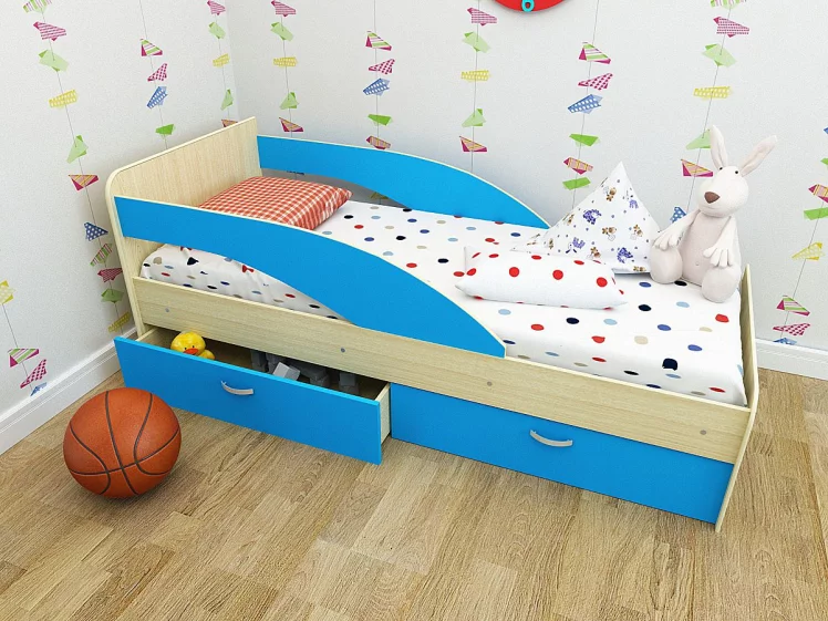 Кровать детская Антошка с ящиками на латофлексе Дуб млечный / Голубой_0