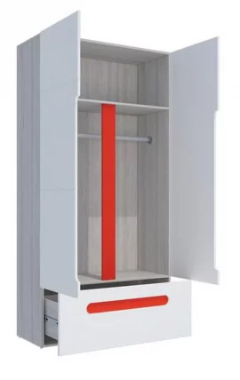 Шкаф двустворчатый с ящиками Палермо Юниор 07 Белый глянец Ясень шимо светлый Красный_2
