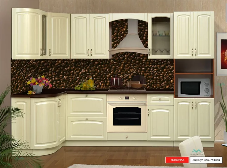 Кухня угловая 2,8 м Кантри левая Жемчуг новый глянец Орех (дуглас)_0