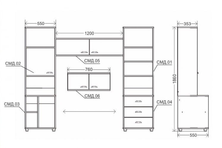 Стеллаж открытый с тумбой и ящиками Modul 4 Клен_2