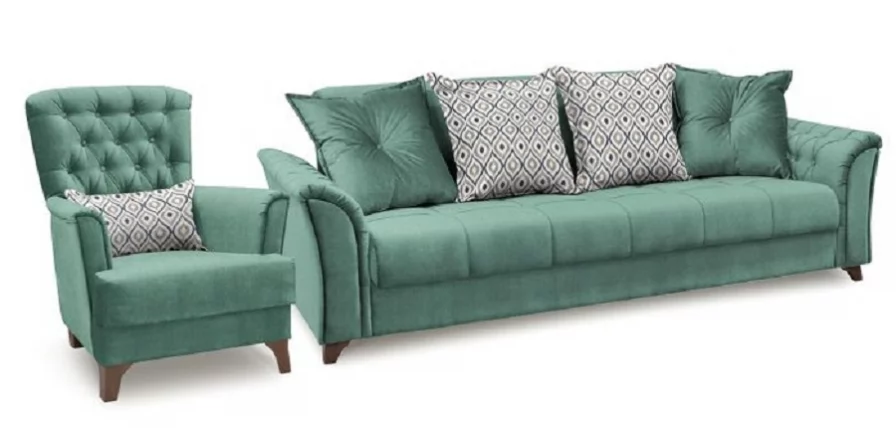 Диван-кровать Ирис ТД 962 Лекко Тиал (сине-зеленый)/Фибра Геометрия 18 бежевый_0