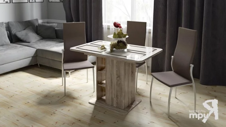 Стол обеденный Мюнхен тип 1 Дуб Сонома трюфель/Стекло бежевое с рисунком_3