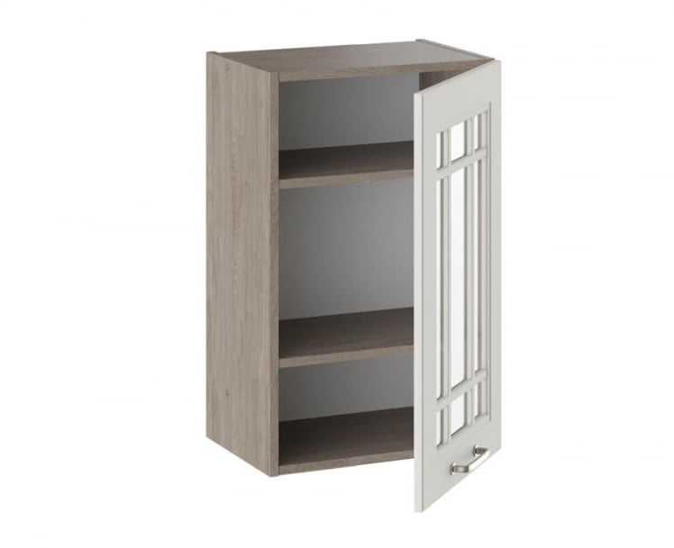 Шкаф навесной со стеклом Одри В_72-45_1ДРс  Дуб Сонома трюфель/Бежевый шелк_1