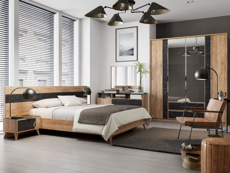 Комплект мебели для спальни Шелли №02 Дуб золотой Камень Пьетра чёрный_0