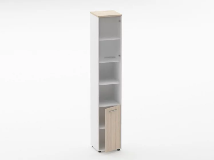 Шкаф 5 узкий верх стеклянная дверь, низ закрытый, две полки открытые Deka 10.23.19Пр Туя/Белый_1