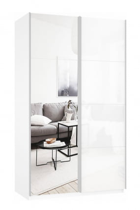 Шкаф-купе двухдверный Прайм 1600 Зеркало/Белое стекло Белый снег_0