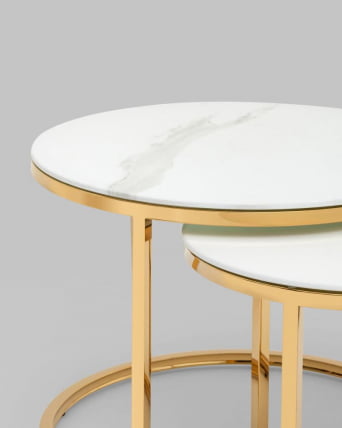 Журнальный столик Селена 60 и 45 см стекло Белый мрамор сталь золото_3
