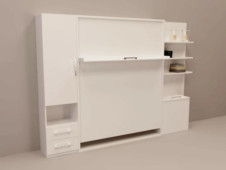 Шкаф-кровать Смарт 1 с полками 1400 правый Белая шагрень_0