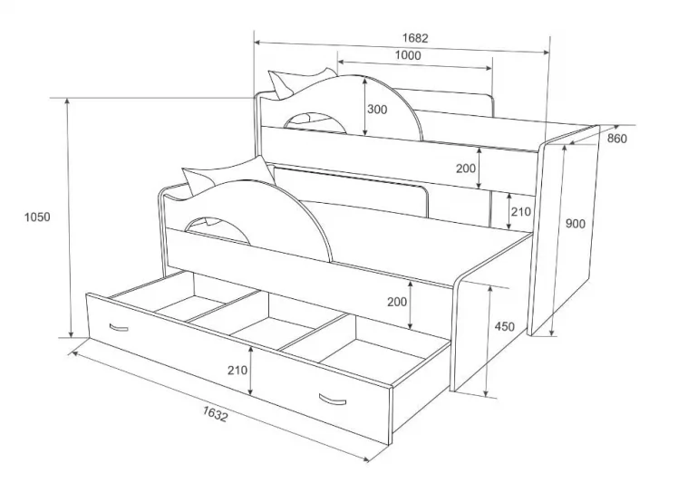 Кровать выкатная двухъярусная РАДУГА Без ящика Дуб млечный_1