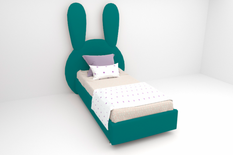 Детская кровать "Зайка" с ортопедическим основанием Цвет фасада: Бирюзовый; Цвет корпуса: Бирюзовый; Материал фасада: Металл/Велюр; Размер: 900х2000 мм; Спальное место: 900х2000 мм _0