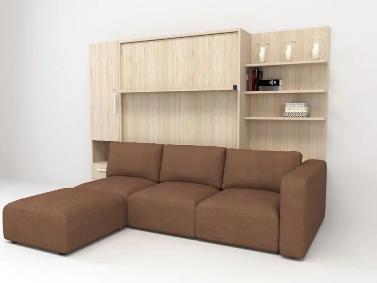 Шкаф-диван-кровать Смарт 1 левый с полкой и пуфом 1600 Ясень шимо темный_0