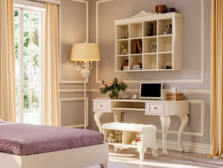 Стол письменный с полкой навесной и банкеткой Маркиза 04 Алебастр Шампань_4