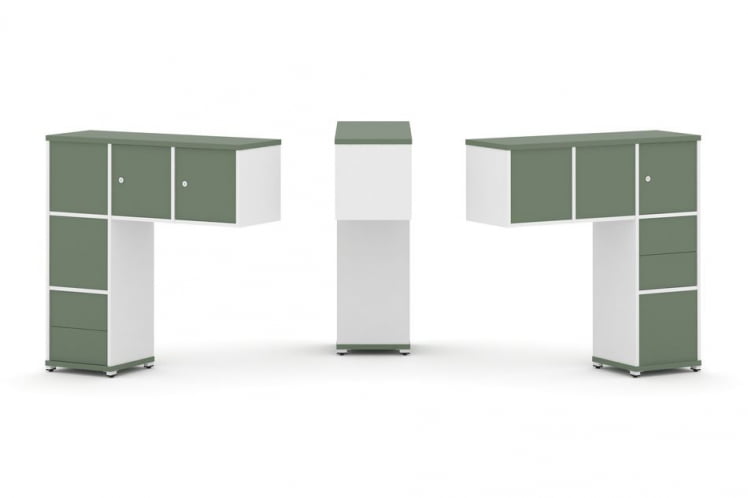 Надставка на стол низкая двухсторонняя + задняя стенка (5 шт.) + блок с 2-мя ящиками (2 шт.) + распашной фасад (3 шт.) CONCEPT CN.DNN-005 Кобо Белый бриллиант Белый металл_0