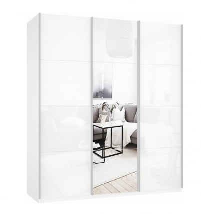 Шкаф-купе трехдверный Прайм 2100 Белое стекло/Зеркало/Белое стекло Белый снег_0