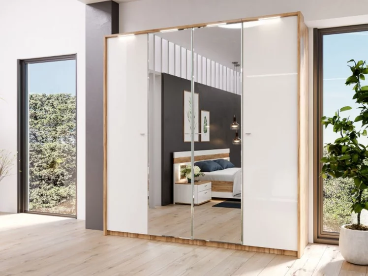 Шкаф четырехстворчатый с 4 зеркалами Фиджи 010 Дуб Золотой Белый_3