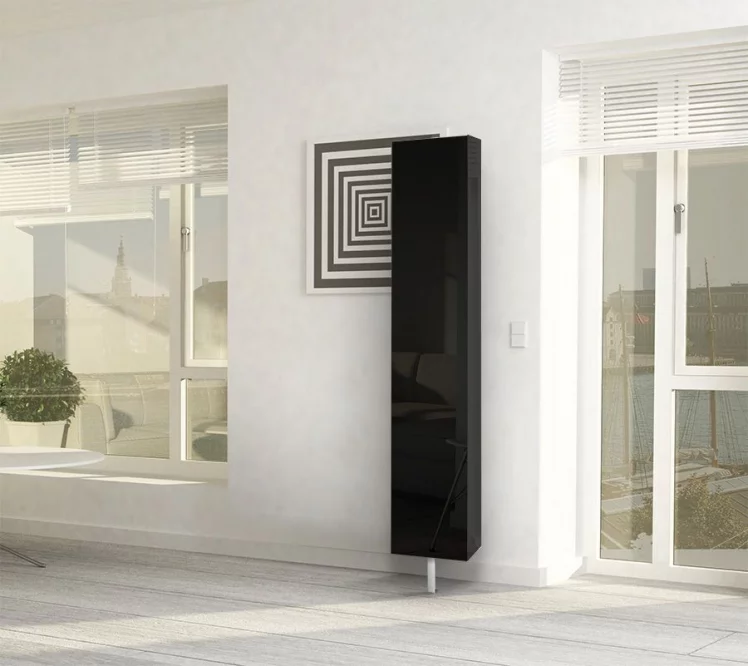 Поворотный шкаф в черном глянцевом стекле Зум Шелф Беленый дуб_0