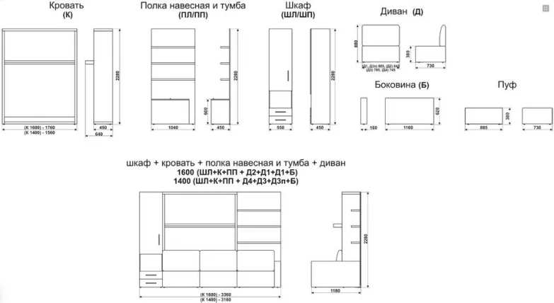Шкаф-диван-кровать Смарт 1 правый с полкой и пуфом 1400 Венге_2