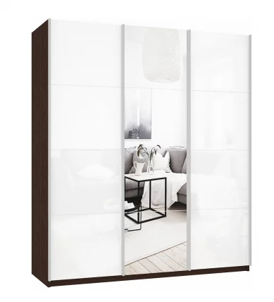 Шкаф-купе трехдверный Прайм 1800 Белое стекло/Зеркало/Белое стекло Венге_0