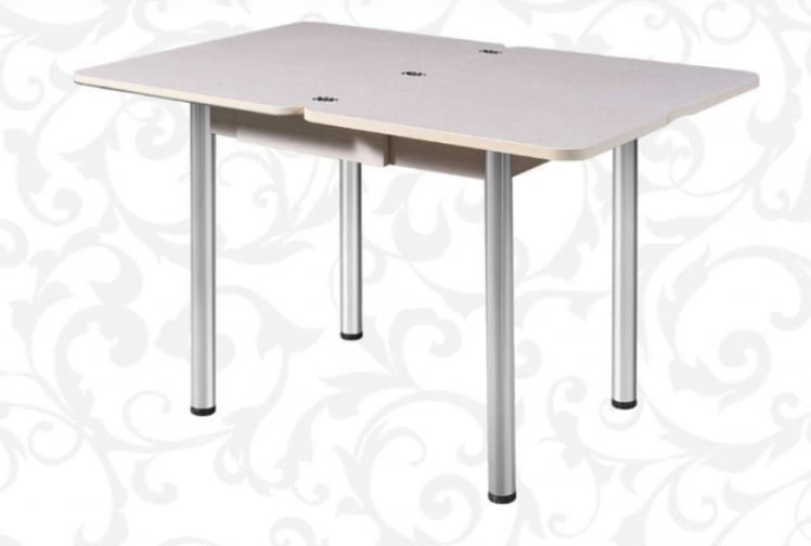 Стол поворотно-раскладной 1,2 Ника с ящиком СТЕКЛО, опоры D50 круглые ХРОМ, Беленый дуб/R045_2